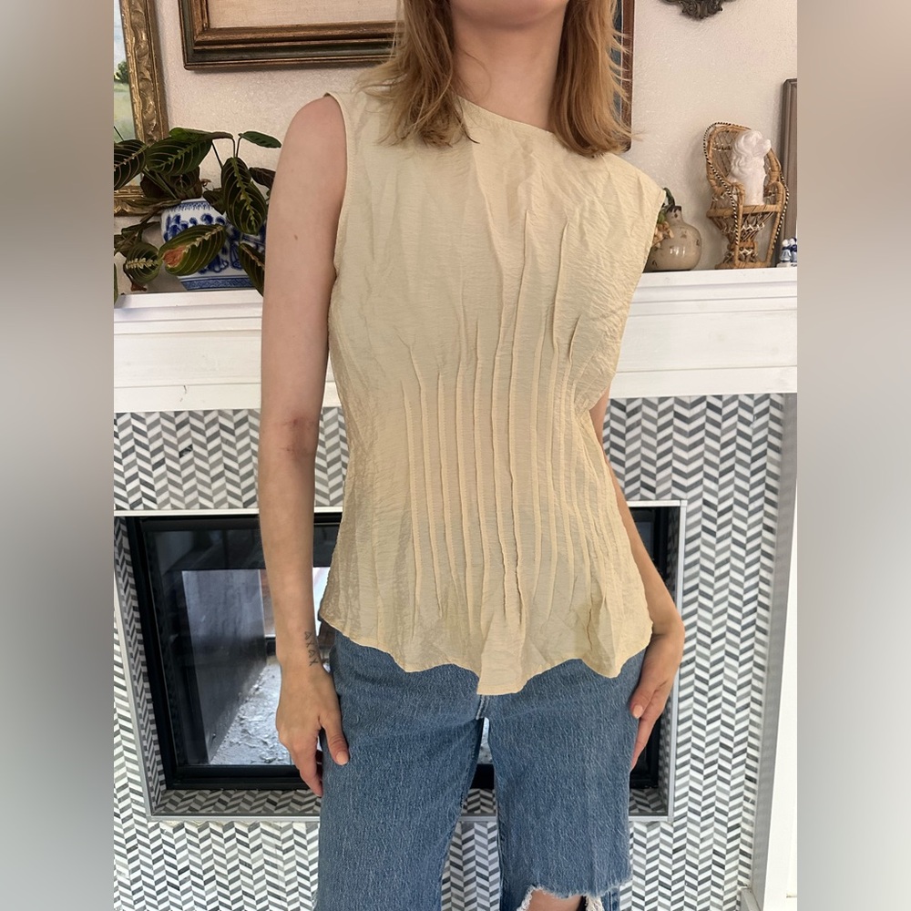 Anthropologie Beige Textured Cap Sleeve Blouse